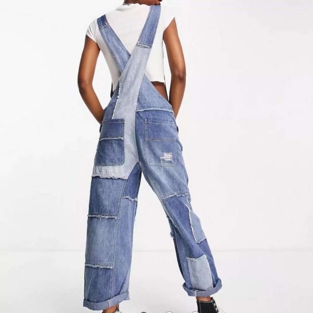 We the Free People Baggy Denim Jumpsuit Fern Overalls Patchwork Raw Hem Grunge - Picture 3 of 11